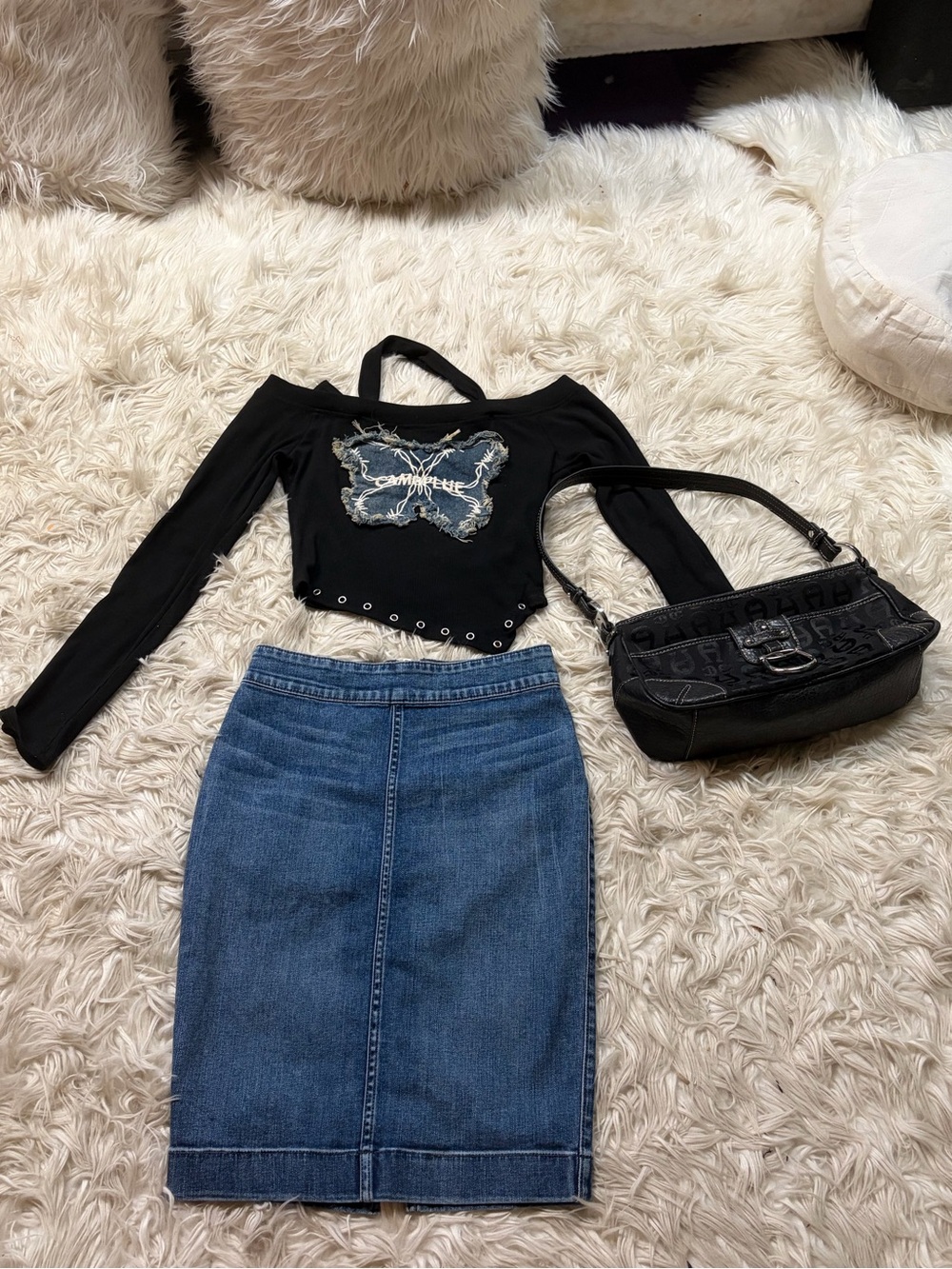 3-Pc Y2K Cyber Grunge Outfit Bundle - Etienne Aigner Bag, Denim Midi Skirt